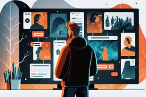 illustration de une la personne en utilisant le l'Internet pour divertissement, avec une variété de diffusion les options et recommandations affiché sur le filtrer. ai généré photo