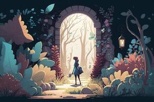 illustration de une la personne qui trouve le porte à un autre monde caché dans une étrange et fascinant jardin dessin animé. ai généré photo