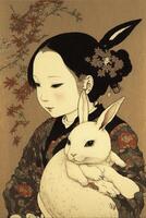 femme en portant une blanc lapin dans sa bras. génératif ai. photo