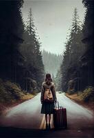 femme permanent dans le milieu de une route avec une valise. génératif ai. photo