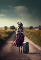 femme en marchant vers le bas une saleté route avec une valise. génératif ai. photo