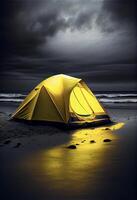 Jaune tente séance sur Haut de une sablonneux plage. génératif ai. photo