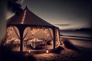 tente ensemble en haut pour une dîner sur le plage. génératif ai. photo