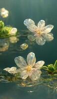 groupe de fleurs flottant sur Haut de une corps de l'eau. génératif ai. photo