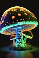 groupe de champignons séance sur Haut de une luxuriant vert champ. génératif ai. photo