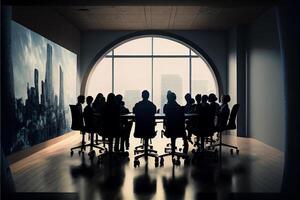 groupe de gens séance autour une table dans de face de une la fenêtre. génératif ai. photo