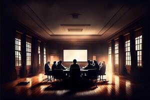 groupe de gens séance autour une table dans une chambre. génératif ai. photo