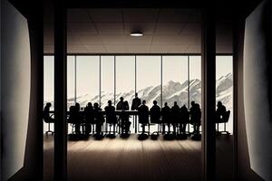 groupe de gens séance autour une table dans de face de une la fenêtre. génératif ai. photo