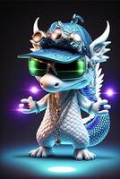 dessin animé dragon portant des lunettes de soleil et une chapeau. génératif ai. photo