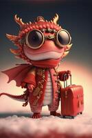 rouge dragon avec des lunettes de protection et une valise. génératif ai. photo