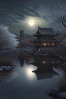 La peinture de une pagode à nuit avec une plein lune dans le ciel. génératif ai. photo