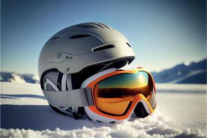 paire de ski des lunettes de protection séance dans le neige. génératif ai. photo