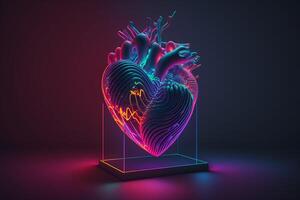 une tridimensionnel, éclairé au néon cœur avec vibrant couleurs et une palpitant battre. ai généré photo