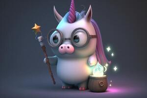 3d mignonne Licorne sorcier dessin animé. ai généré photo