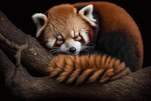 une somnolent rouge Panda niché dans une arbre, avec ses yeux fermé et patte repos sur une branche. ai généré photo