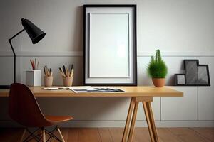 moquer en haut affiche ou photo Cadre sur table minimalisme grenier bureau espace . ai généré