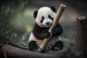 une bébé Panda séance sur une arbre bifurquer, en portant sur une bambou tirer. ai généré photo