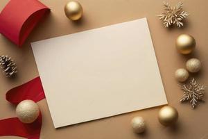 vide papier Vide pour Noël ou Nouveau année salutation carte. cadeau des boites, vacances décorations sur d'or Contexte Haut voir. plat allonger style. Stock photo Noël, lettre, produire ai