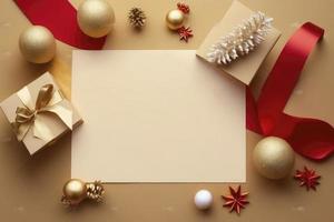 vide papier Vide pour Noël ou Nouveau année salutation carte. cadeau des boites, vacances décorations sur d'or Contexte Haut voir. plat allonger style. Stock photo Noël, lettre, produire ai