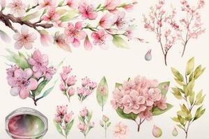 décoration printemps fleur ensemble aquarelle Cerise Contexte photo