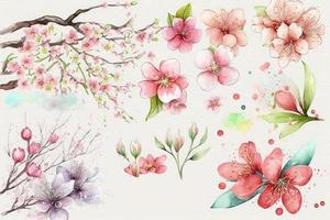décoration printemps fleur ensemble aquarelle Cerise Contexte photo