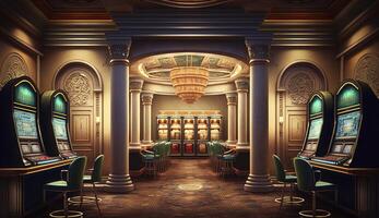 luxe casino intérieur avec beaucoup de fente Machines. post-produit génératif ai illustration. photo