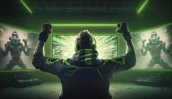 professionnel esports joueur se réjouit dans le la victoire et vert Jeu pièce Contexte. post-produit génératif ai numérique illustration. photo