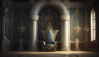 très décoré vide trône dans le Château salle. post-produit génératif ai numérique illustration. photo