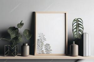 en bois Cadre maquette sur le mur, minimaliste mince cadre, journée lumière, blanc mur, minimaliste, scandinave style . ai généré photo
