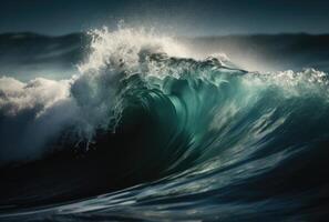 magnifique Profond bleu tube vague dans le océan. proche en haut mer vague Contexte. été vacances concept. génératif ai photo