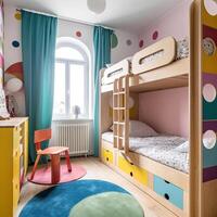 les enfants pièce intérieur avec confortable lit. génératif ai. photo