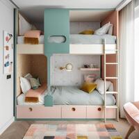 les enfants pièce intérieur avec confortable lit. génératif ai. photo