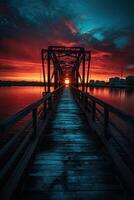 en bois planche passerelle de premier plan à une magnifique le coucher du soleil sur le lac. génératif ai. photo