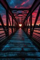 en bois planche passerelle de premier plan à une magnifique le coucher du soleil sur le lac. génératif ai. photo