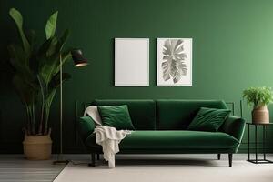 intérieur classique vie, rétro classique style, avec ample meuble, marron canapé avec une vert mur et une image Cadre. génératif ai. photo