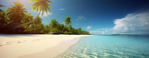 tropical paradis plage avec blanc le sable et coco paumes Voyage tourisme large panorama Contexte concept. génératif ai. photo