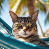 mignonne chat mensonge dans hamac sur plage avec paume des arbres. mignonne chat sur vacances mensonge dans hamac sur plage avec paume des arbres. génératif ai. photo