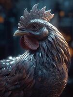 une costaud coq fabriqué par brillant métal génératif ai photo