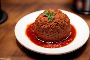 Boulettes de viande avec tomate sauce sur une blanc plaque, fermer. génératif ai photo