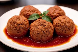 Boulettes de viande avec tomate sauce sur une blanc plaque, fermer. génératif ai photo