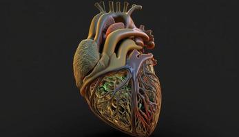 Humain cœur, 3d réaliste isolé. anatomiquement correct cœur avec vasculaire système, Humain cœur, cœur - interne organe, illustration, Trois dimensionnel, produire ai photo