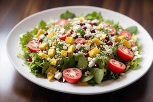 Frais salade avec vert Olives, feta fromage et Cerise tomates dans une bol. en bonne santé salade. génératif ai photo