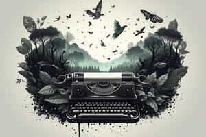 écrivain la créativité imagination concept illustration, machine à écrire en volant plus de amazone forêt Naturel paysage. génératif ai photo