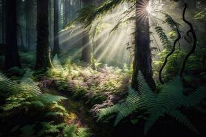 ai généré brumeux forêt clairière avec des rayons de lumière du soleil filtration par le des arbres et éclairant une tapis de fougères et fleurs sauvages. photo