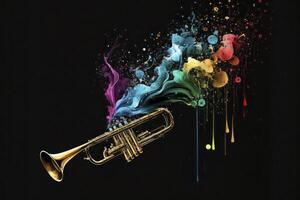 trompette coloré laiton musical instruments éclaboussure illustration sur noir arrière-plan, horizontal bannière avec copie espace. génératif ai photo