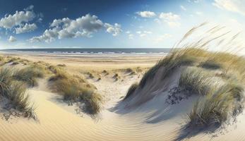 le sable dunes panorama avec plage herbe, produire ai photo