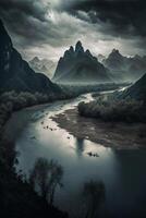 rivière entouré par montagnes en dessous de une nuageux ciel. génératif ai. photo