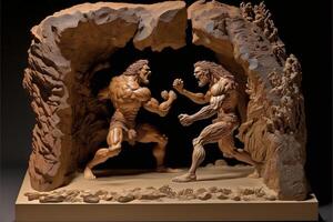 sculpture de deux Hommes combat dans une grotte. génératif ai. photo