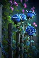 bouquet de bleu des roses séance sur Haut de une en bois clôture. génératif ai. photo