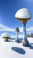 groupe de champignons séance sur Haut de une neige couvert sol. génératif ai. photo